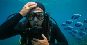 Mergulhador subaquático em águas tropicais, cercado por cardume de peixes-cirurgião azuis, demonstrando calma e controle durante o mergulho, com iluminação natural e recife de corais ao fundo.